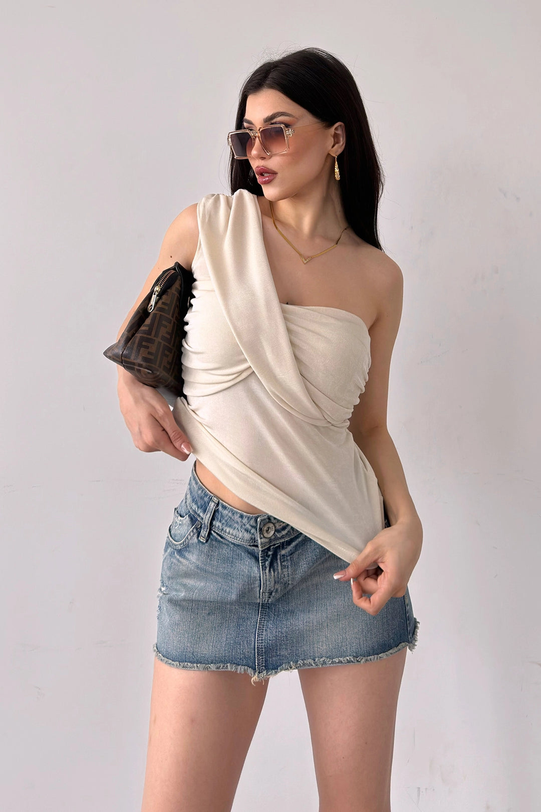 Cream Single Shoulder Buzzy Blouse BCDF-241060 - Horlivka