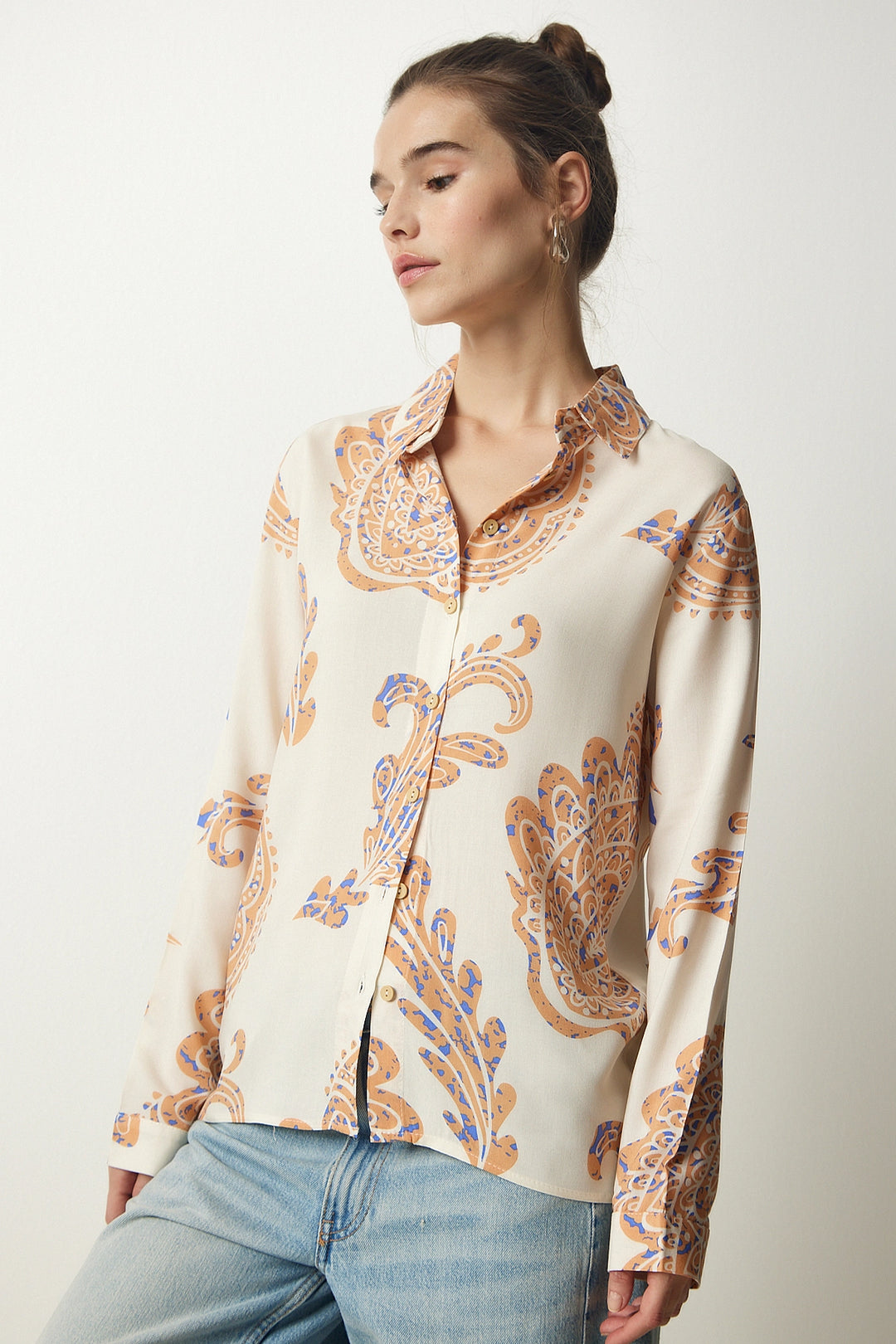 Cream Long Sleeve Buttoned Shirt BCBSK-25700-K7615 - Berdychiv