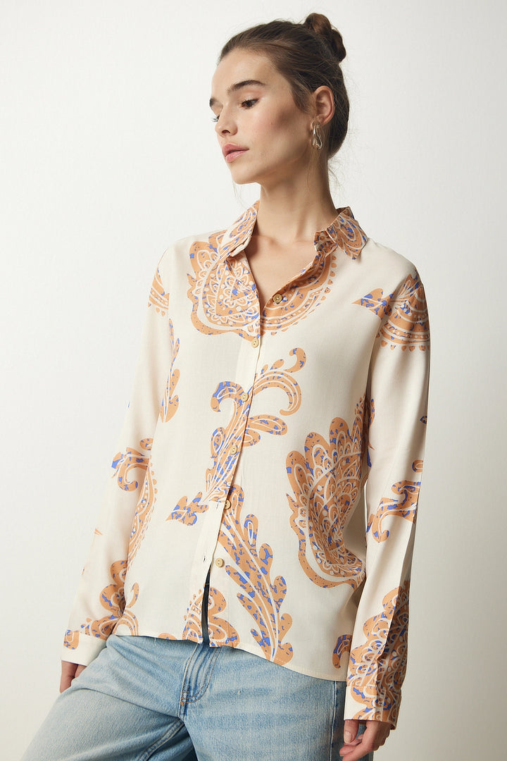 Cream Long Sleeve Buttoned Shirt BCBSK-25700-K7615 - Berdychiv