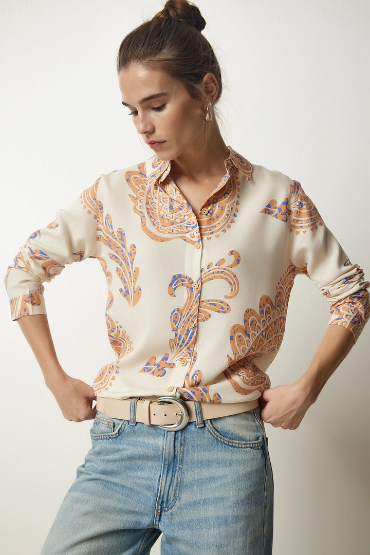Cream Long Sleeve Buttoned Shirt BCBSK-25700-K7615 - Berdychiv