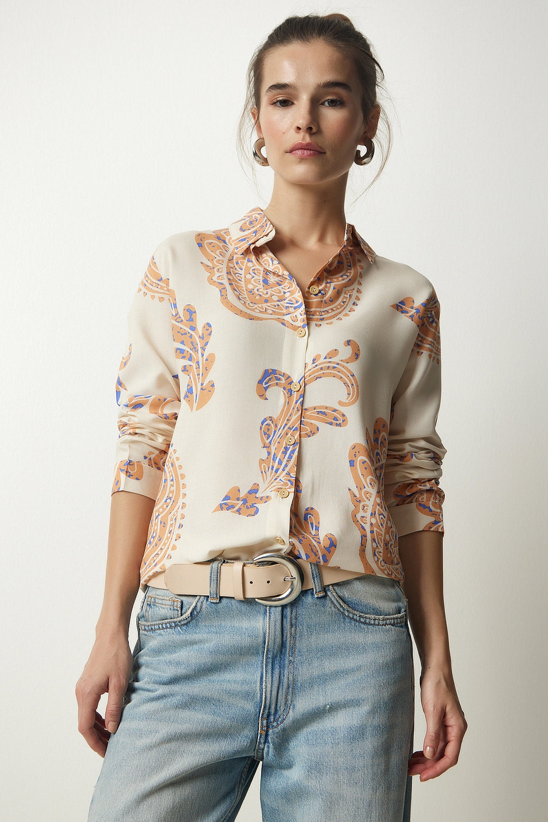 Cream Long Sleeve Buttoned Shirt BCBSK-25700-K7615 - Berdychiv