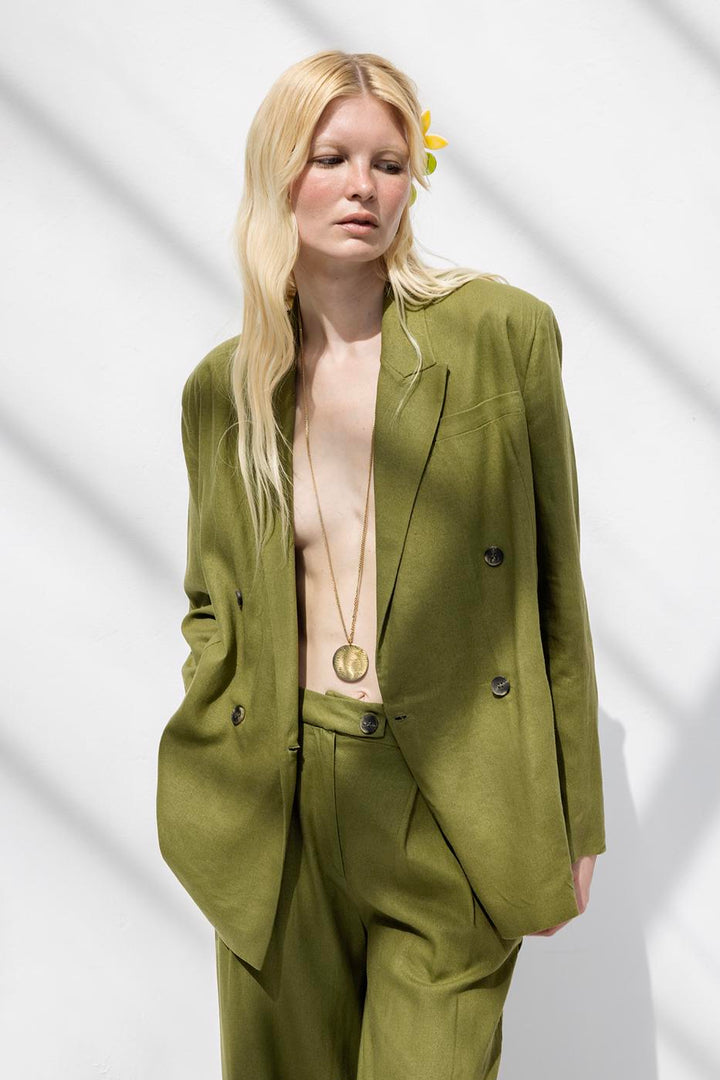 BSL Women Double Breasted Linen Blazer Jacket - Slobozia