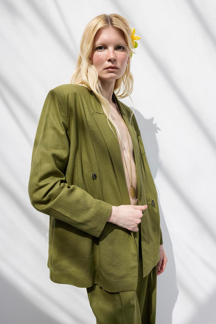BSL Women Double Breasted Linen Blazer Jacket - Slobozia