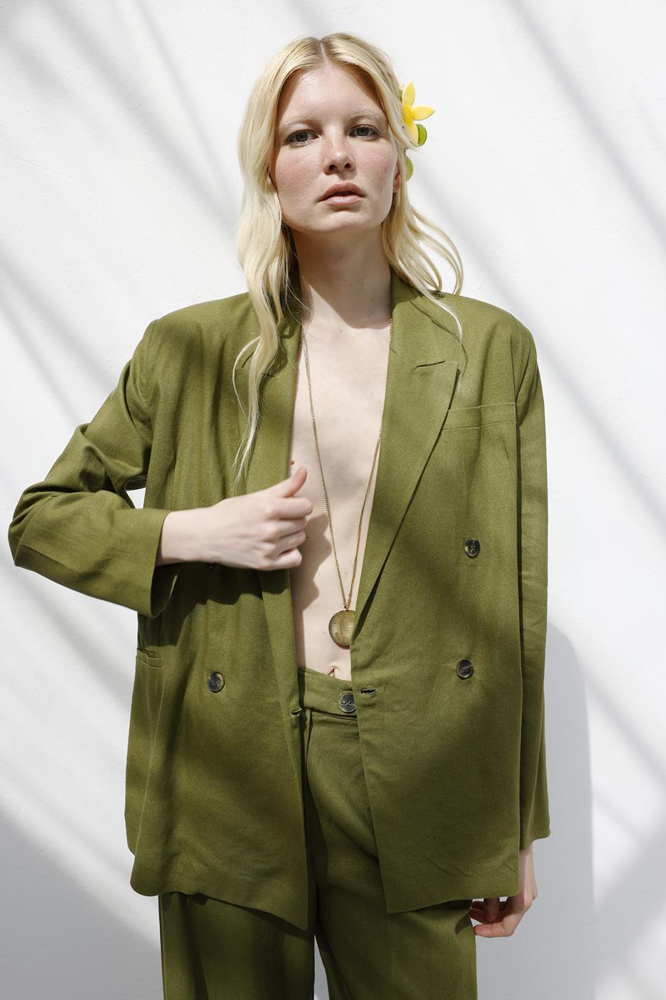 BSL Women Double Breasted Linen Blazer Jacket - Slobozia