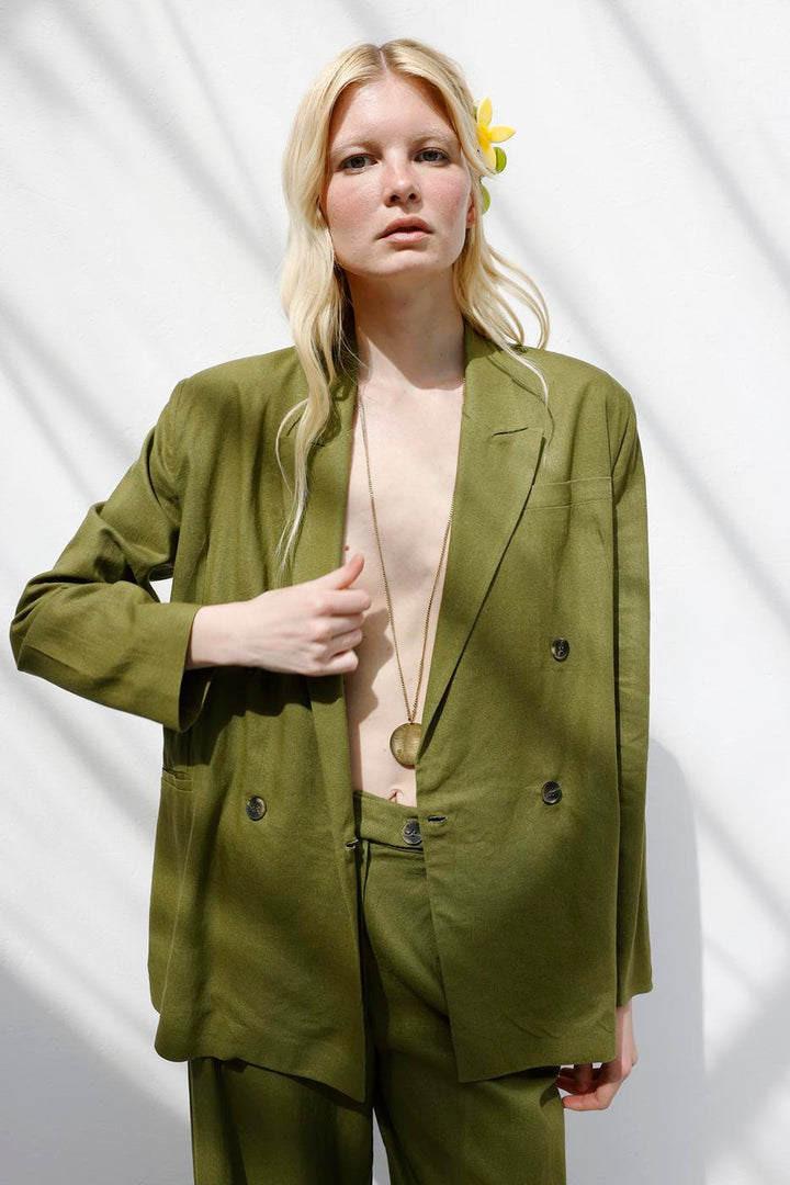 BSL Women Double Breasted Linen Blazer Jacket - Slobozia