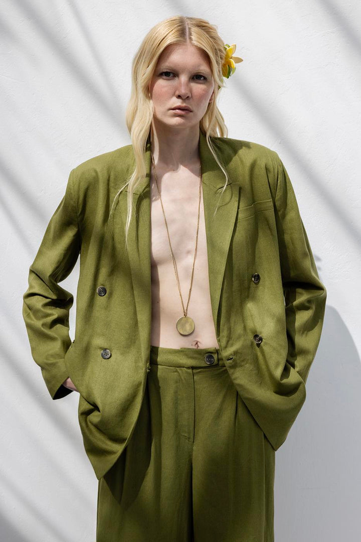 BSL Women Double Breasted Linen Blazer Jacket - Slobozia