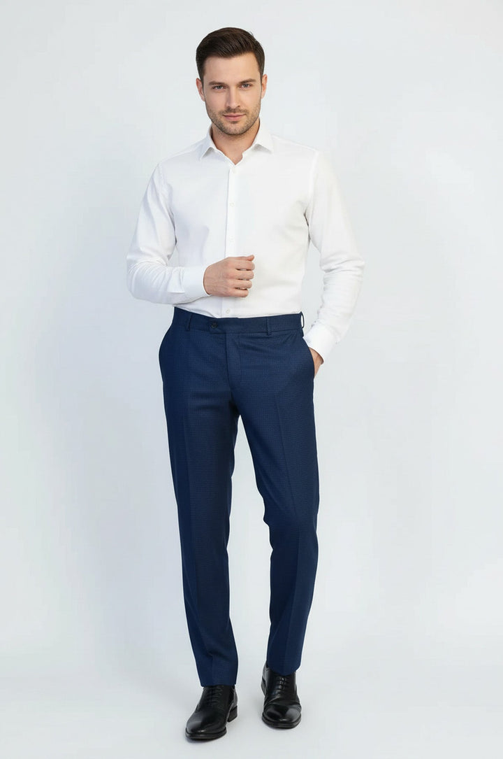 WSS Navy Micro Patterned Slim Fit Fabric Trousers –  - Macuspana