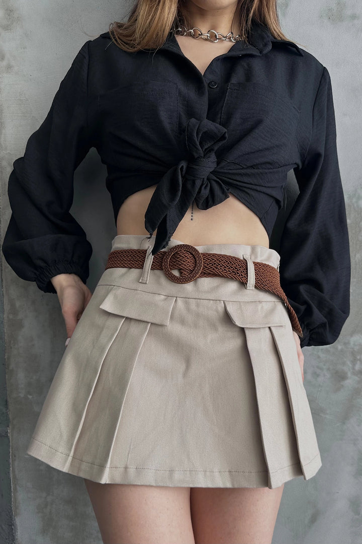 Beige Belted Detailed Gabardine Shorts Skirt BCDF-247708 - Matías Romero