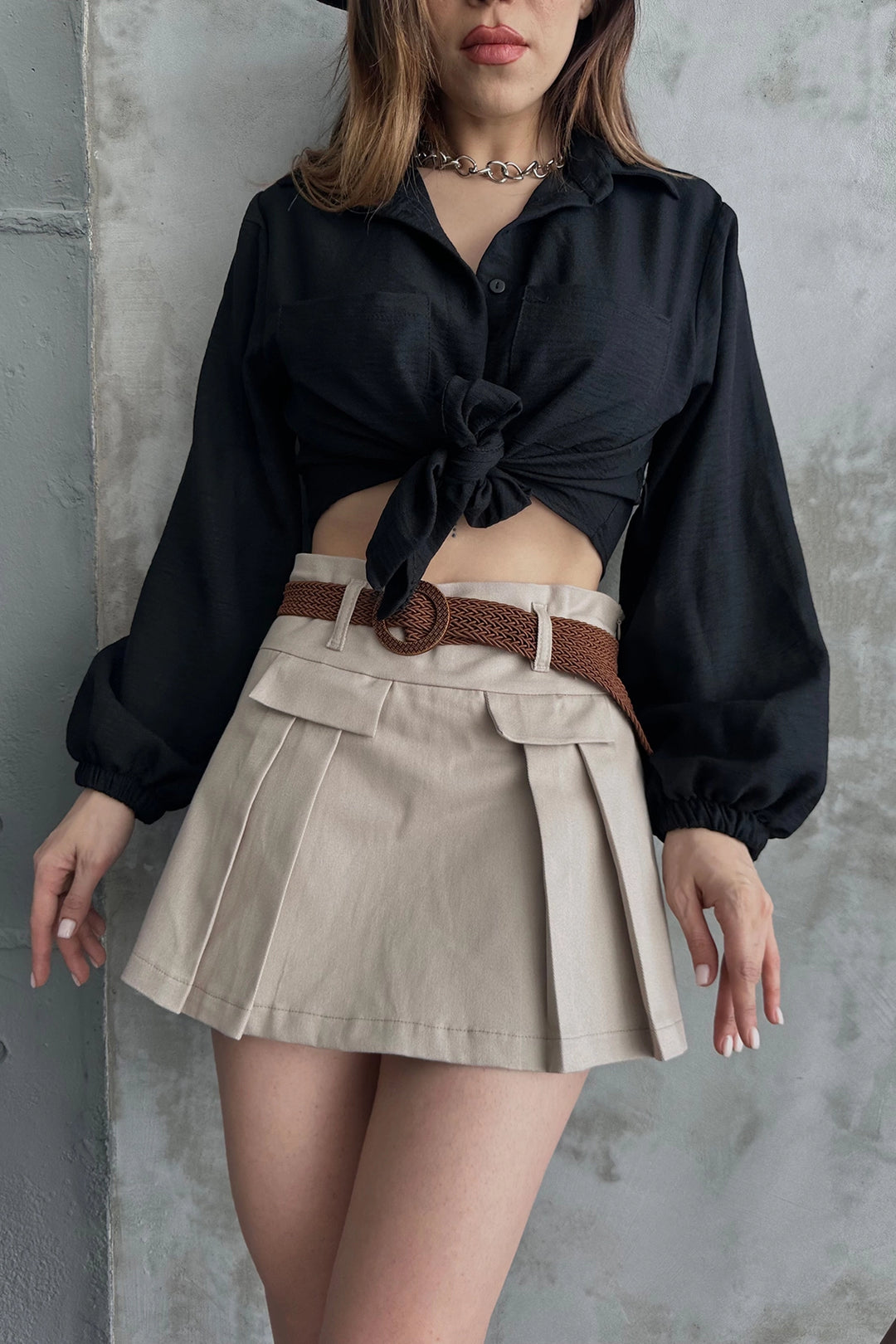 Beige Belted Detailed Gabardine Shorts Skirt BCDF-247708 - Matías Romero