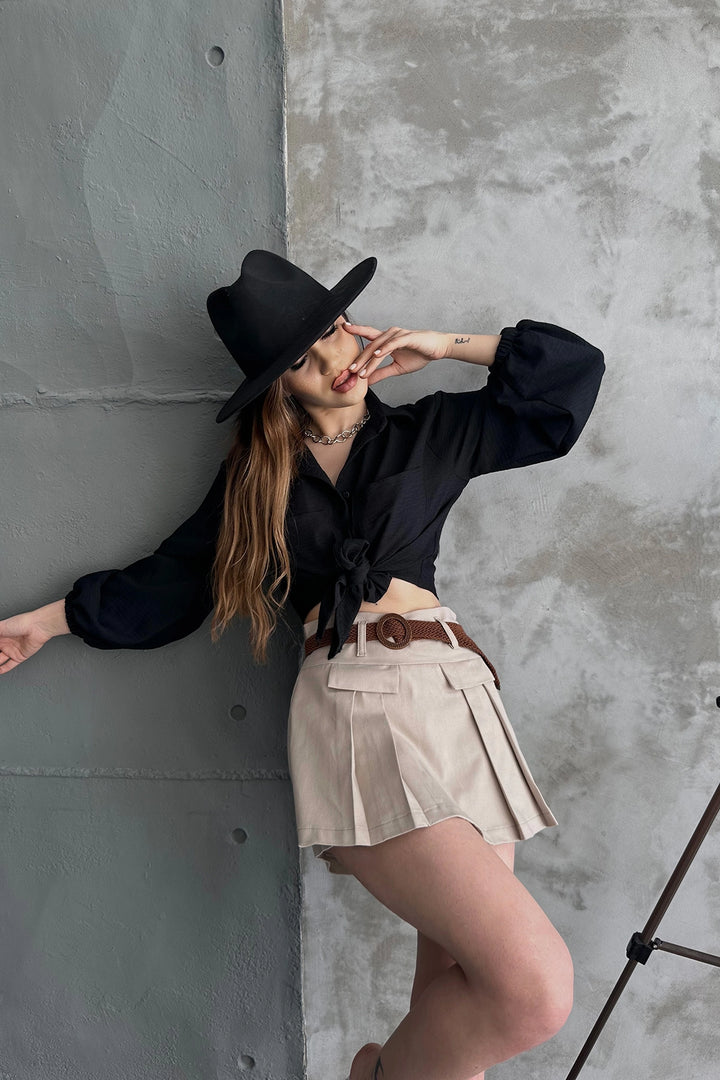 Beige Belted Detailed Gabardine Shorts Skirt BCDF-247708 - Matías Romero