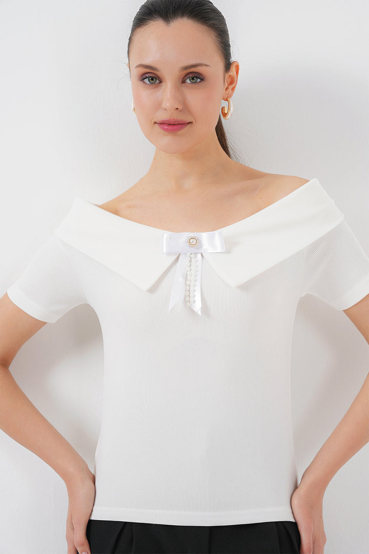 BGD Women Ribbon Detailed Knit Blouse 949 - White - South Miami Heights