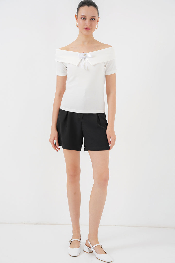 BGD Women Ribbon Detailed Knit Blouse 949 - White - South Miami Heights