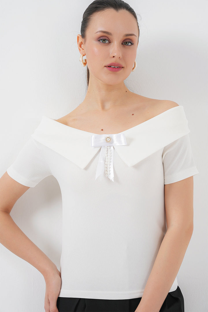BGD Women Ribbon Detailed Knit Blouse 949 - White - South Miami Heights