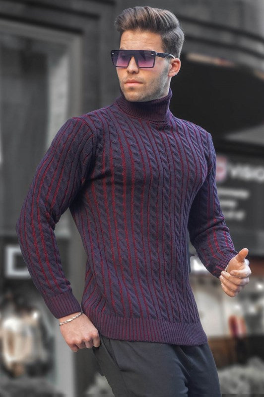 MDX Navy Fisherman Collar Sweater with Knit Details 6317 - Cholet