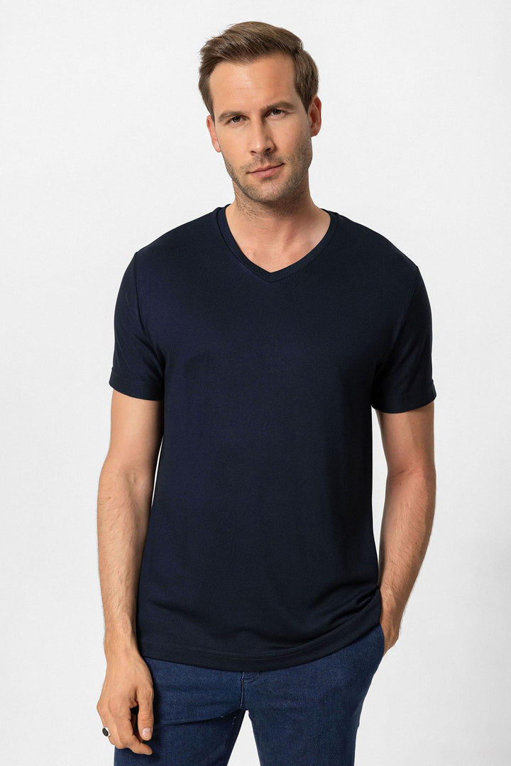 ANT Antioch Navy Blue Basic V-Neck Men's T-Shirt - Troyes