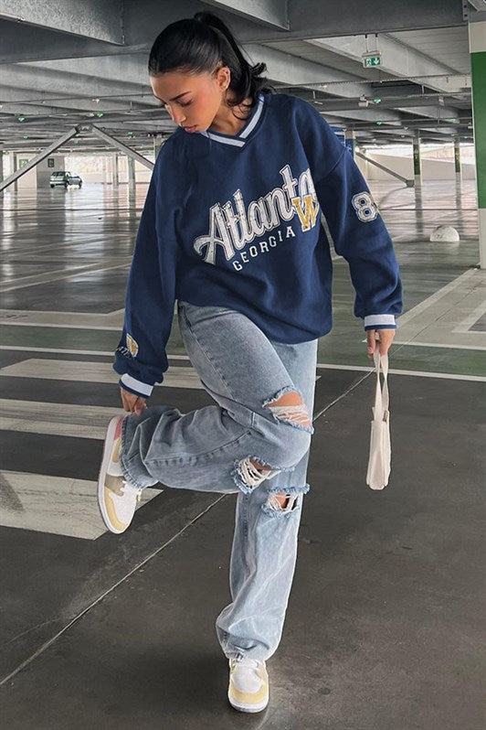 MDX Navy Blue Printed V-Neck Sweatshirt MG1576 - Glendora