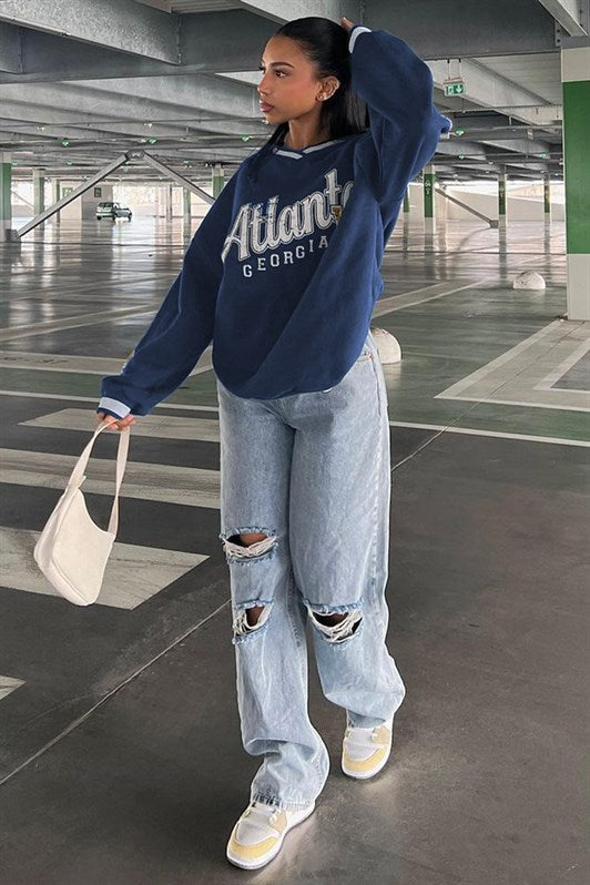 MDX Navy Blue Printed V-Neck Sweatshirt MG1576 - Glendora