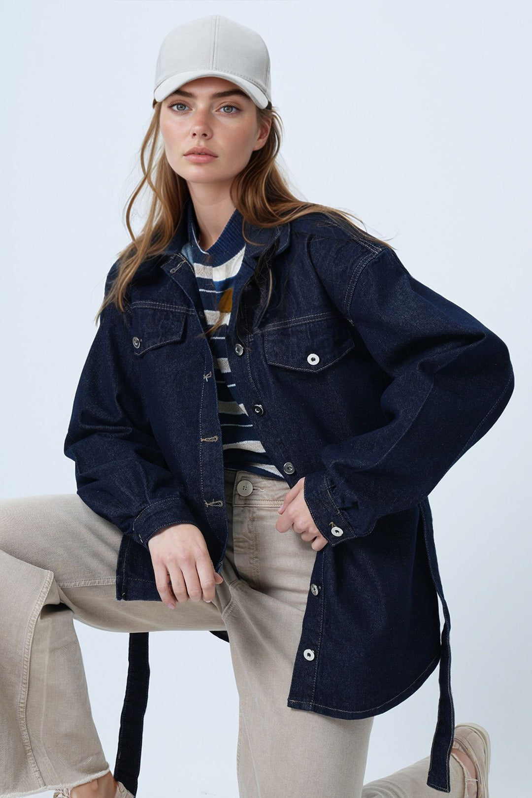 Navy Blue Belted Button-Up Denim Shirt BCHNW-251208 - Long Beach