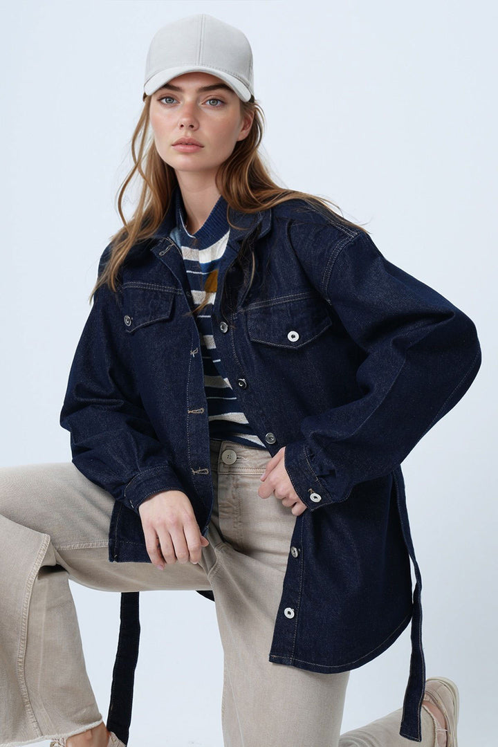 Navy Blue Belted Button-Up Denim Shirt BCHNW-251208 - Long Beach