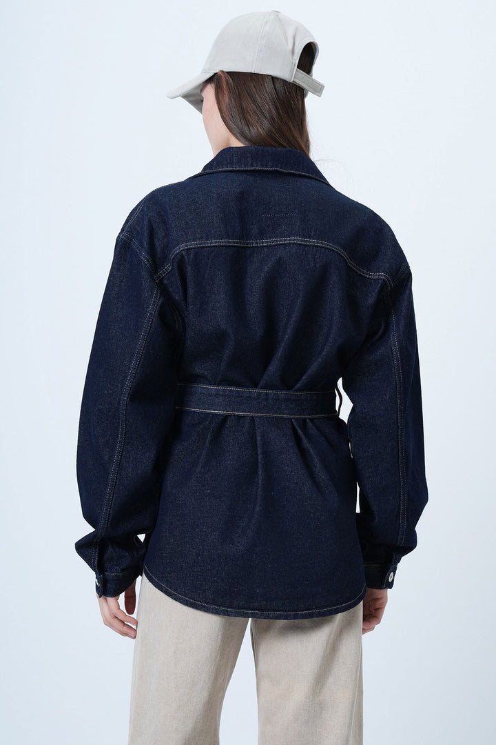 Navy Blue Belted Button-Up Denim Shirt BCHNW-251208 - Long Beach