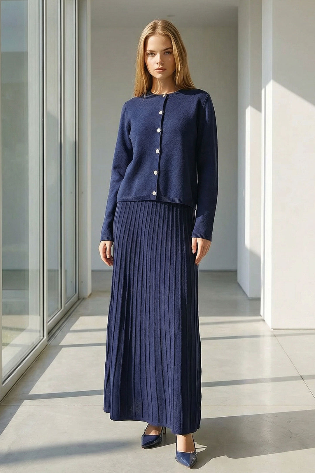 Navy Blue Buttoned Cardigan with Bicycle Collar and Pleated Midi Skirt Set BCHPK-251252 - Villafranca del Panadés