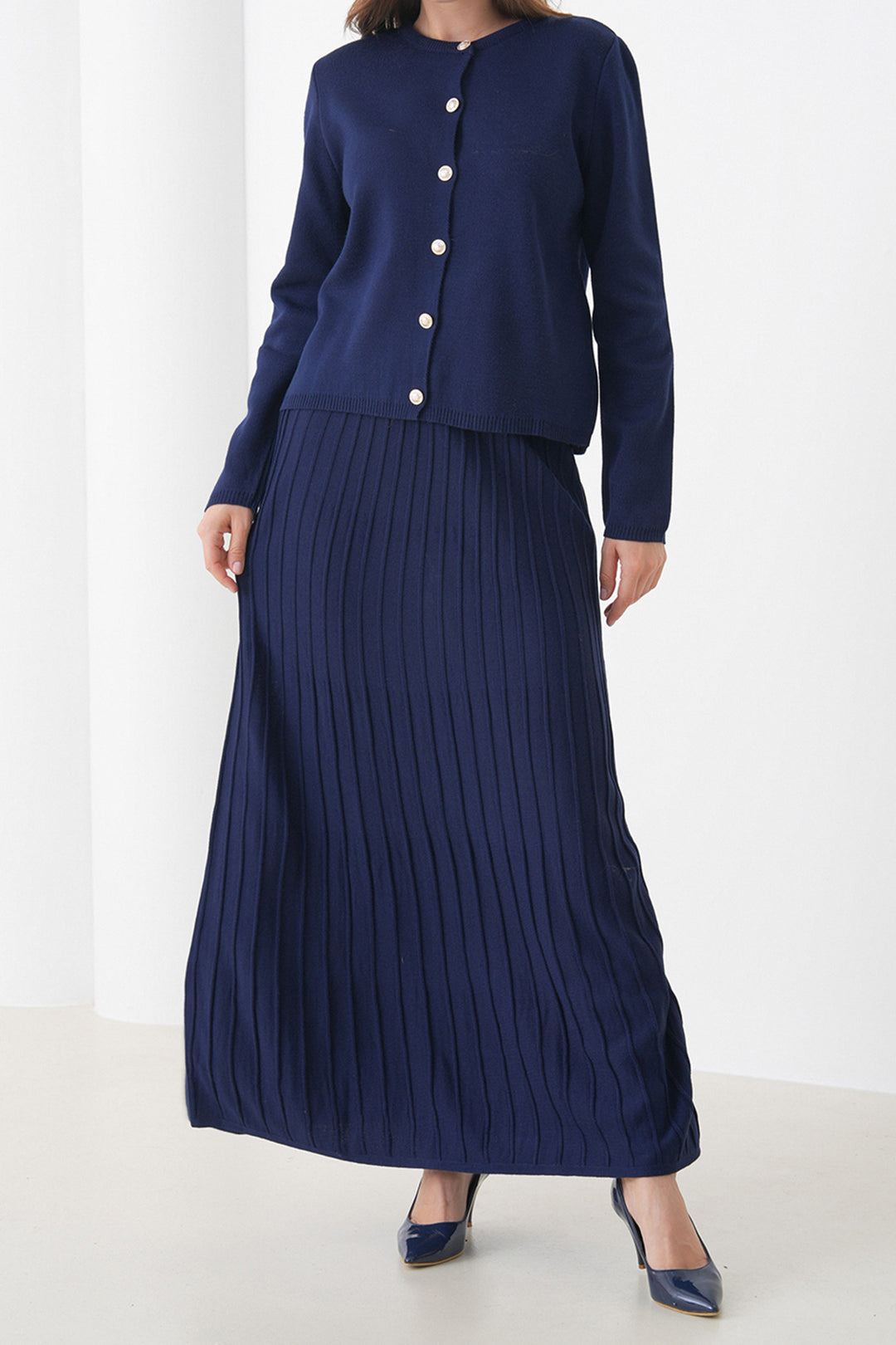 Navy Blue Buttoned Cardigan with Bicycle Collar and Pleated Midi Skirt Set BCHPK-251252 - Mildura