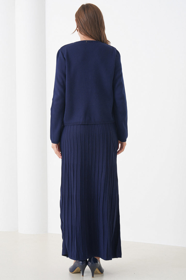 Navy Blue Buttoned Cardigan with Bicycle Collar and Pleated Midi Skirt Set BCHPK-251252 - Mildura