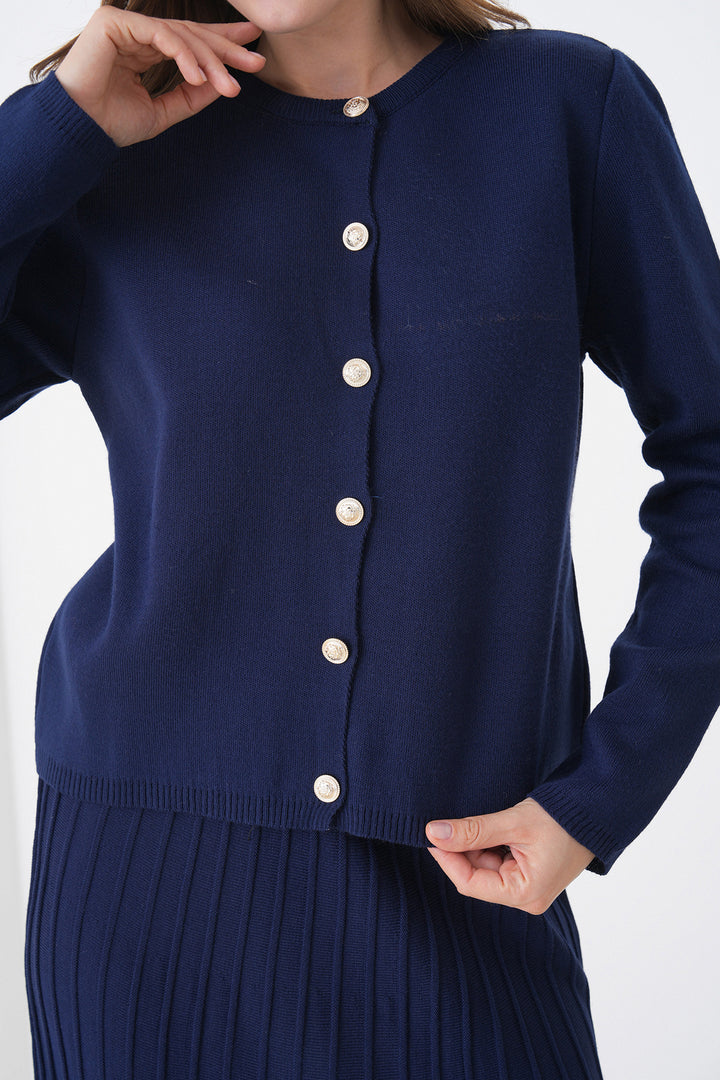 Navy Blue Buttoned Cardigan with Bicycle Collar and Pleated Midi Skirt Set BCHPK-251252 - Villafranca del Panadés