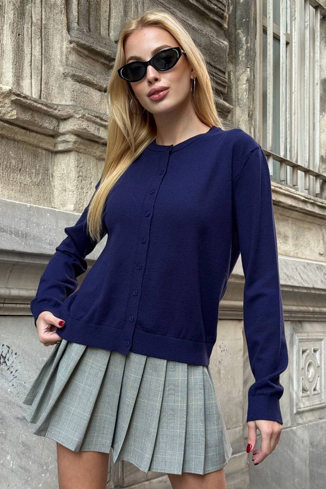 Navy Blue Buttoned Turtleneck Cardigan BCHZCK-251267 - Bedford