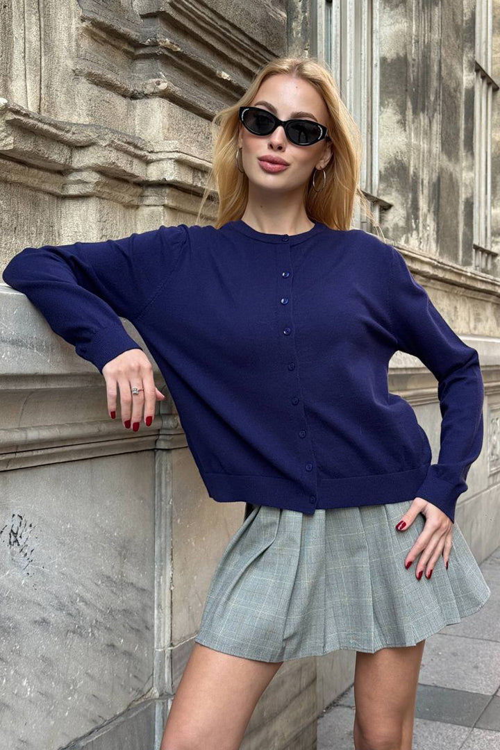 Navy Blue Buttoned Turtleneck Cardigan BCHZCK-251267 - Genoa