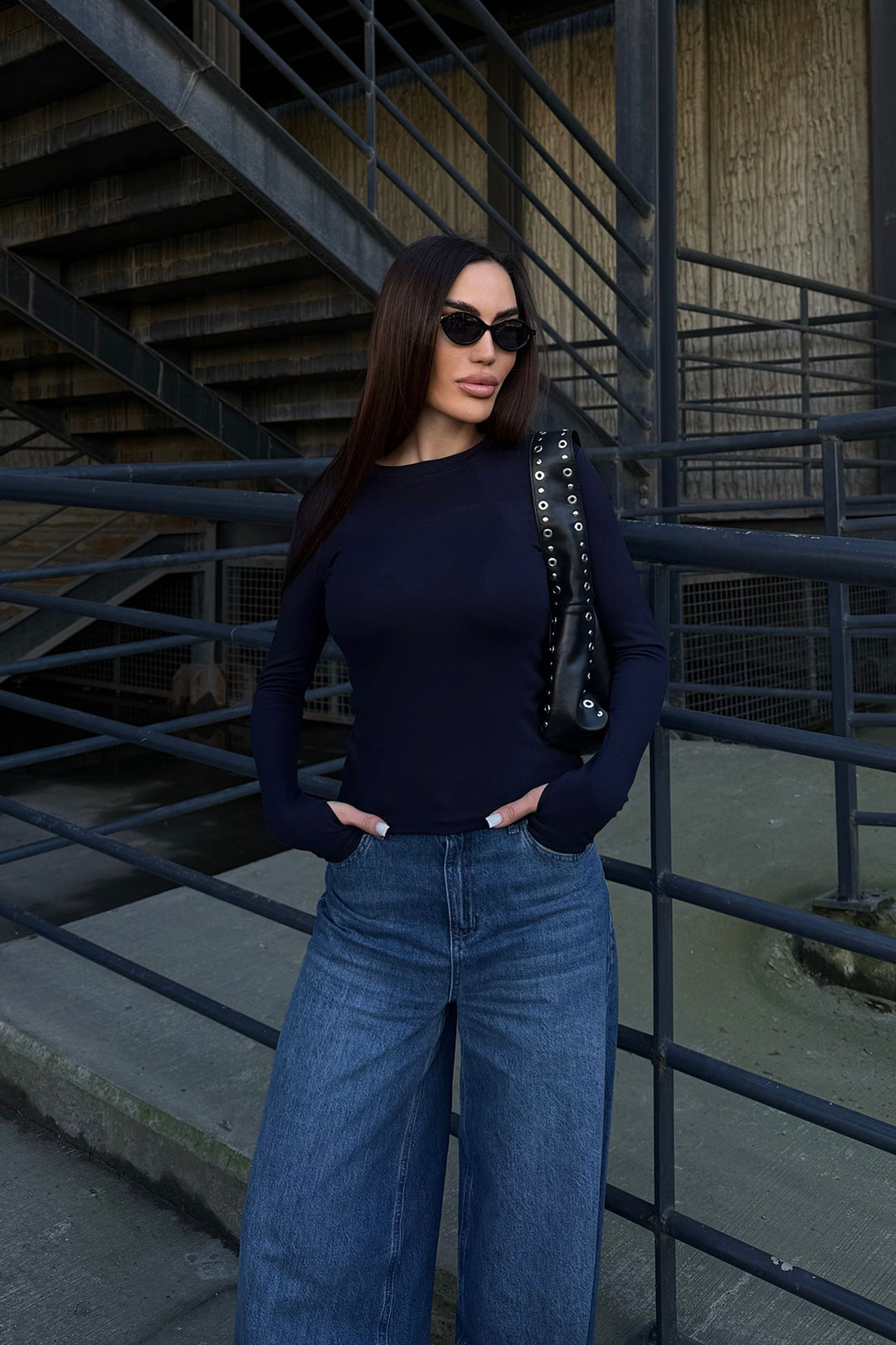 Navy Blue Bicycle Collar Finger Detailed Ultra Soft Fabric Blouse BCDF-25B0001 - Lower Merion