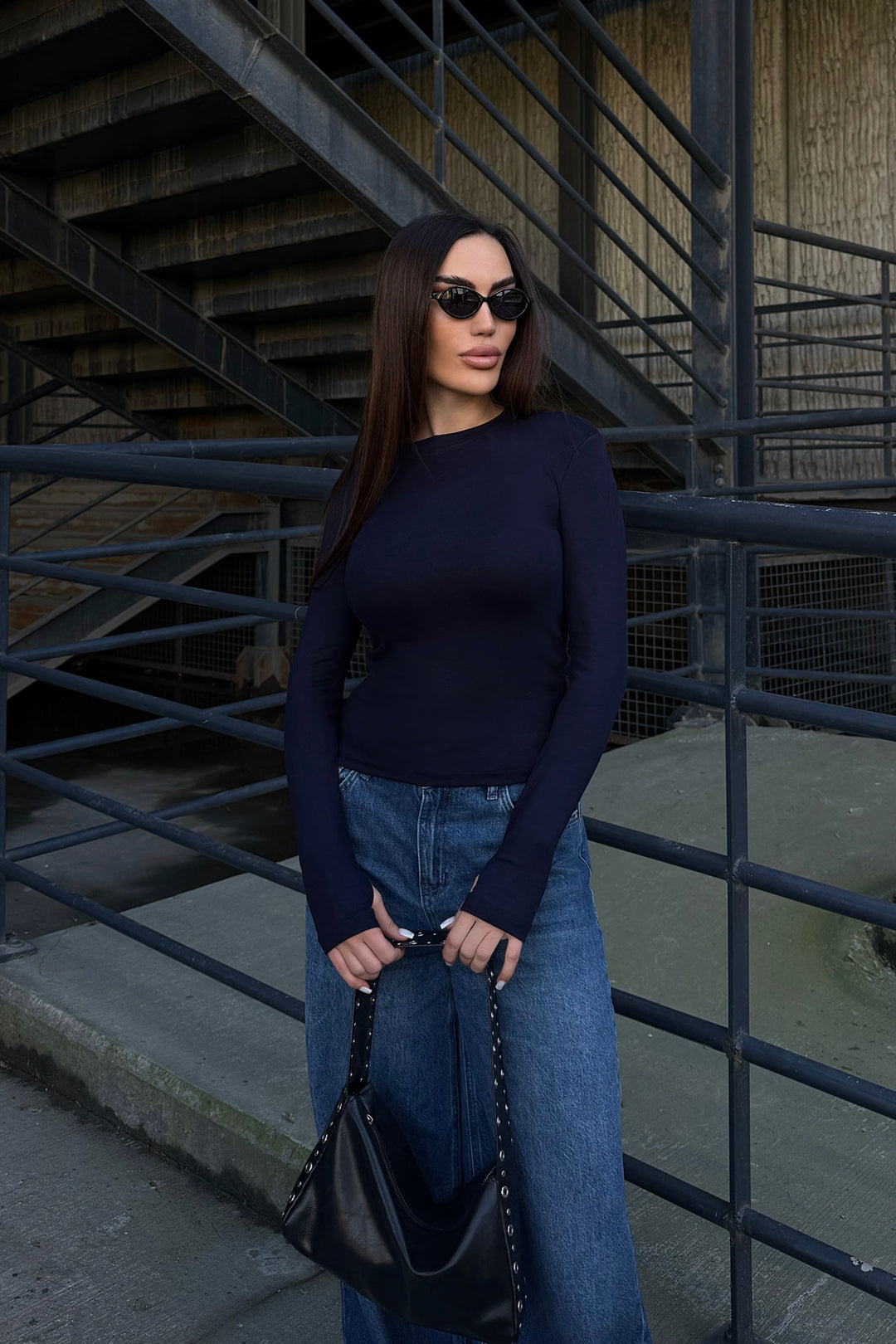 Navy Blue Bicycle Collar Finger Detailed Ultra Soft Fabric Blouse BCDF-25B0001 - Lower Merion