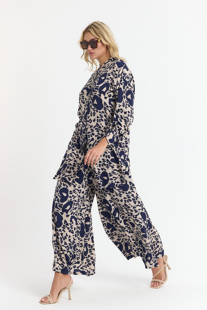 Navy Blue Flower Patterned Long Tunic and Pants Set Viscon BCVL-25V053-2 - Castle Rock