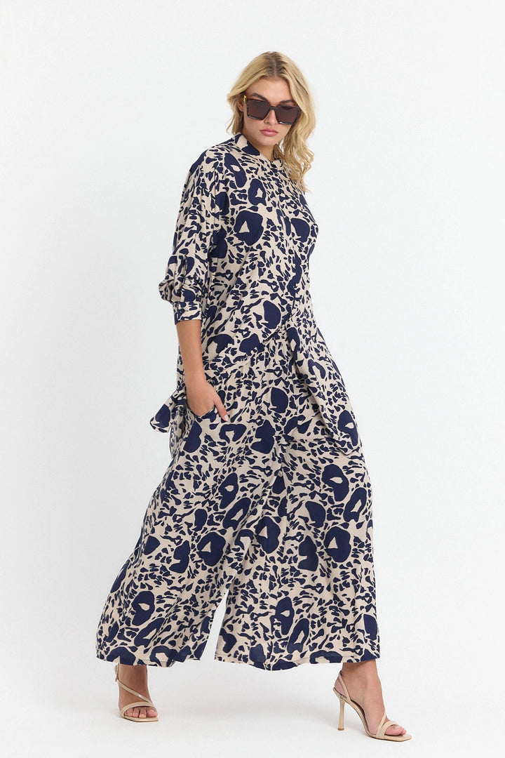 Navy Blue Flower Patterned Long Tunic and Pants Set Viscon BCVL-25V053-2 - Castle Rock