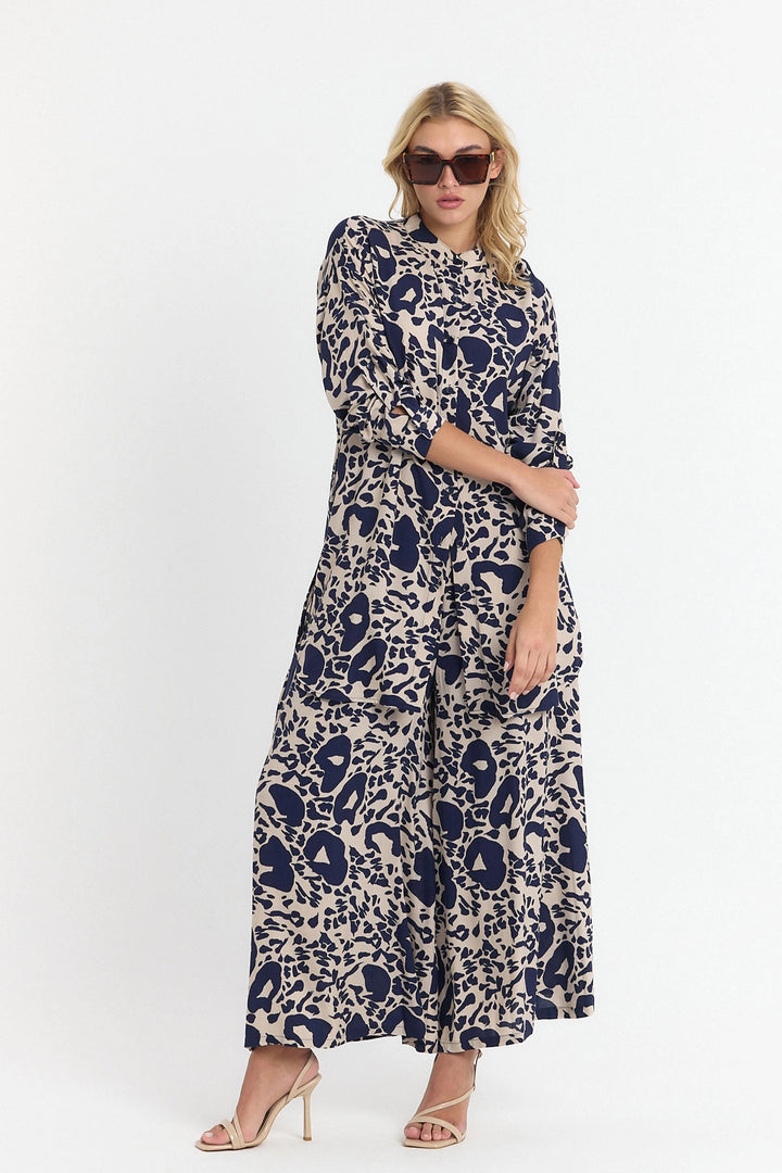 Navy Blue Flower Patterned Long Tunic and Pants Set Viscon BCVL-25V053-2 - Castle Rock