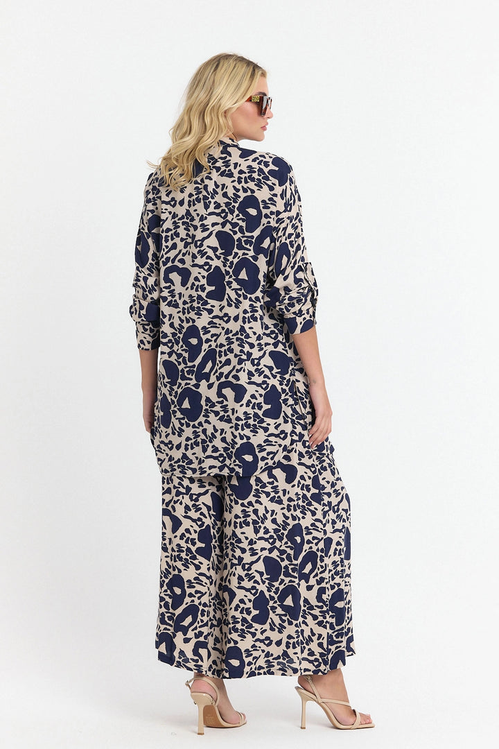 Navy Blue Flower Patterned Long Tunic and Pants Set Viscon BCVL-25V053-2 - Castle Rock