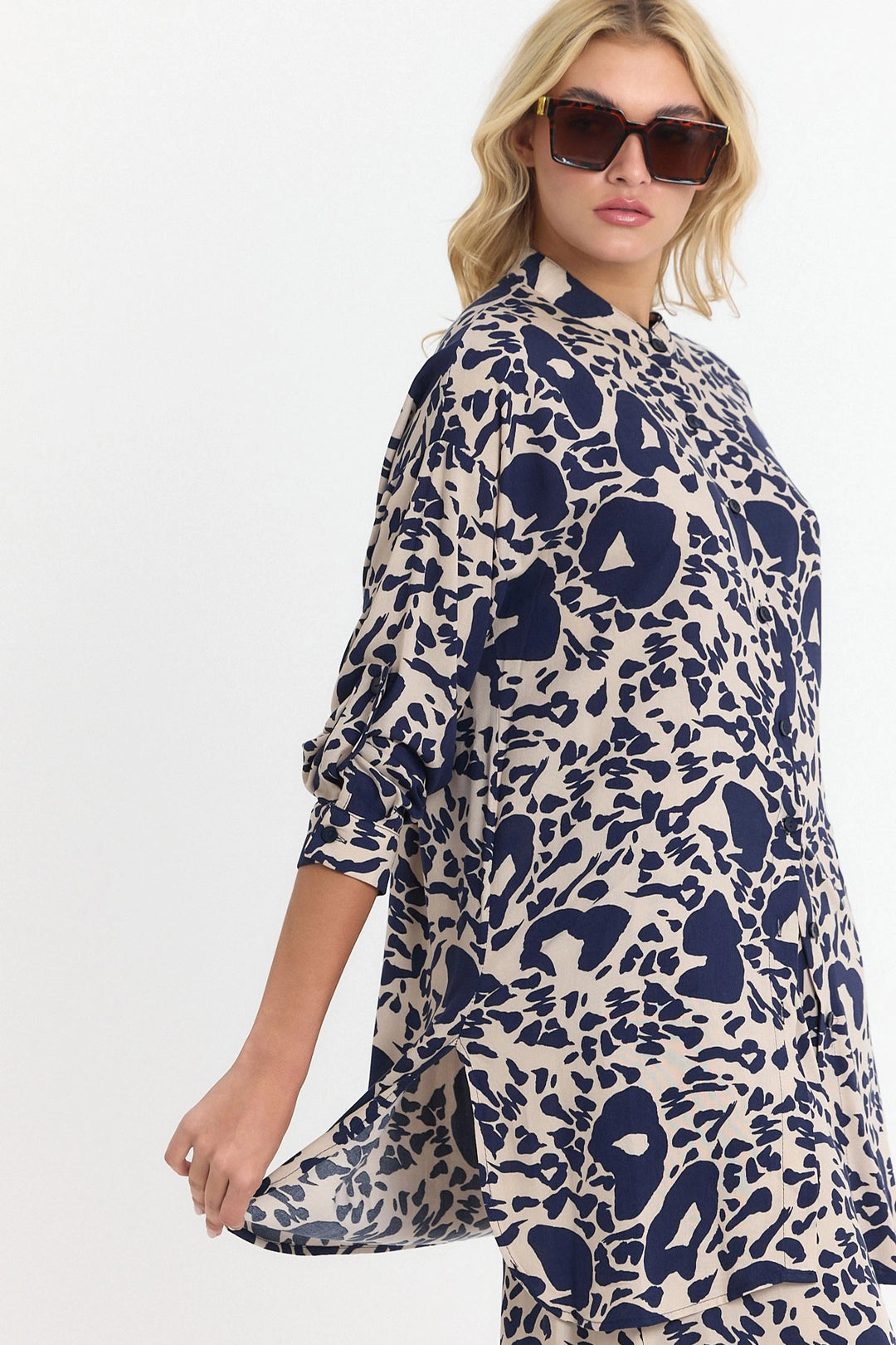 Navy Blue Flower Patterned Long Tunic and Pants Set Viscon BCVL-25V053-2 - Castle Rock