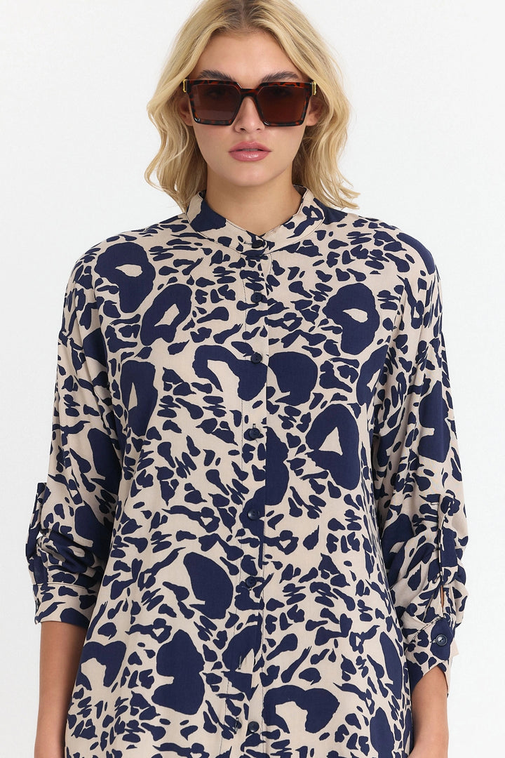 Navy Blue Flower Patterned Long Tunic and Pants Set Viscon BCVL-25V053-2 - Castle Rock