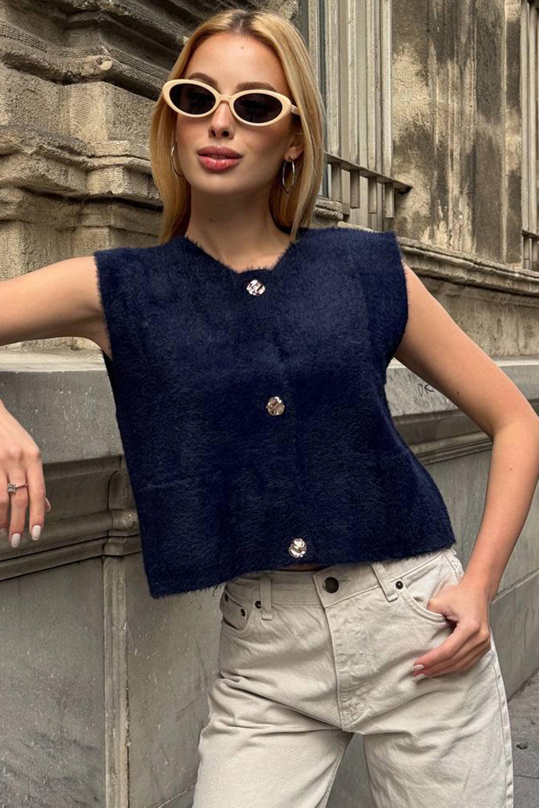 Navy Blue Double Pocket Gold Button Soft Vest Blouse BCHZCK-251262 - Manacor