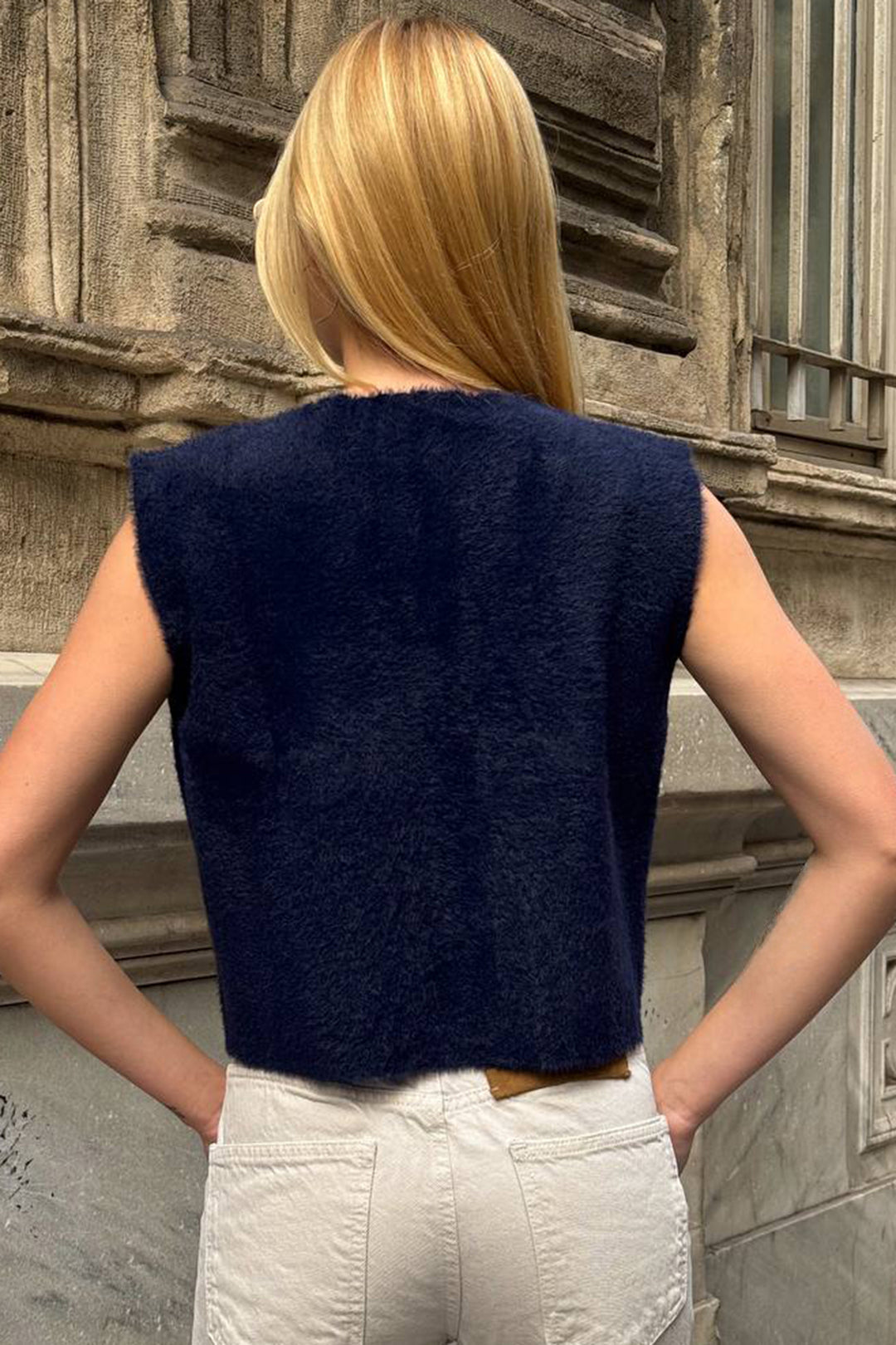 Navy Blue Double Pocket Gold Button Soft Vest Blouse BCHZCK-251262 - Manacor