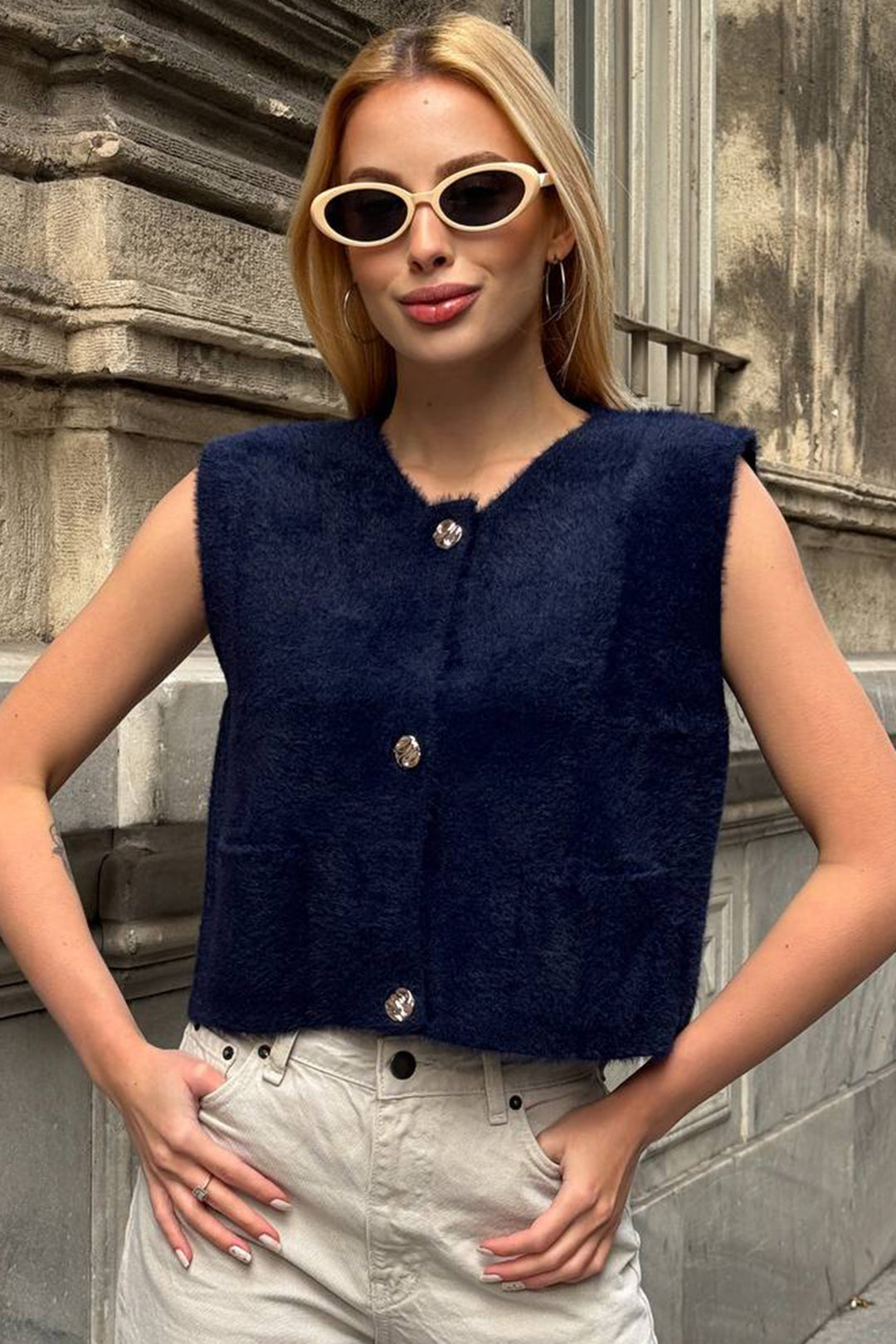 Navy Blue Double Pocket Gold Button Soft Vest Blouse BCHZCK-251262 - Manacor