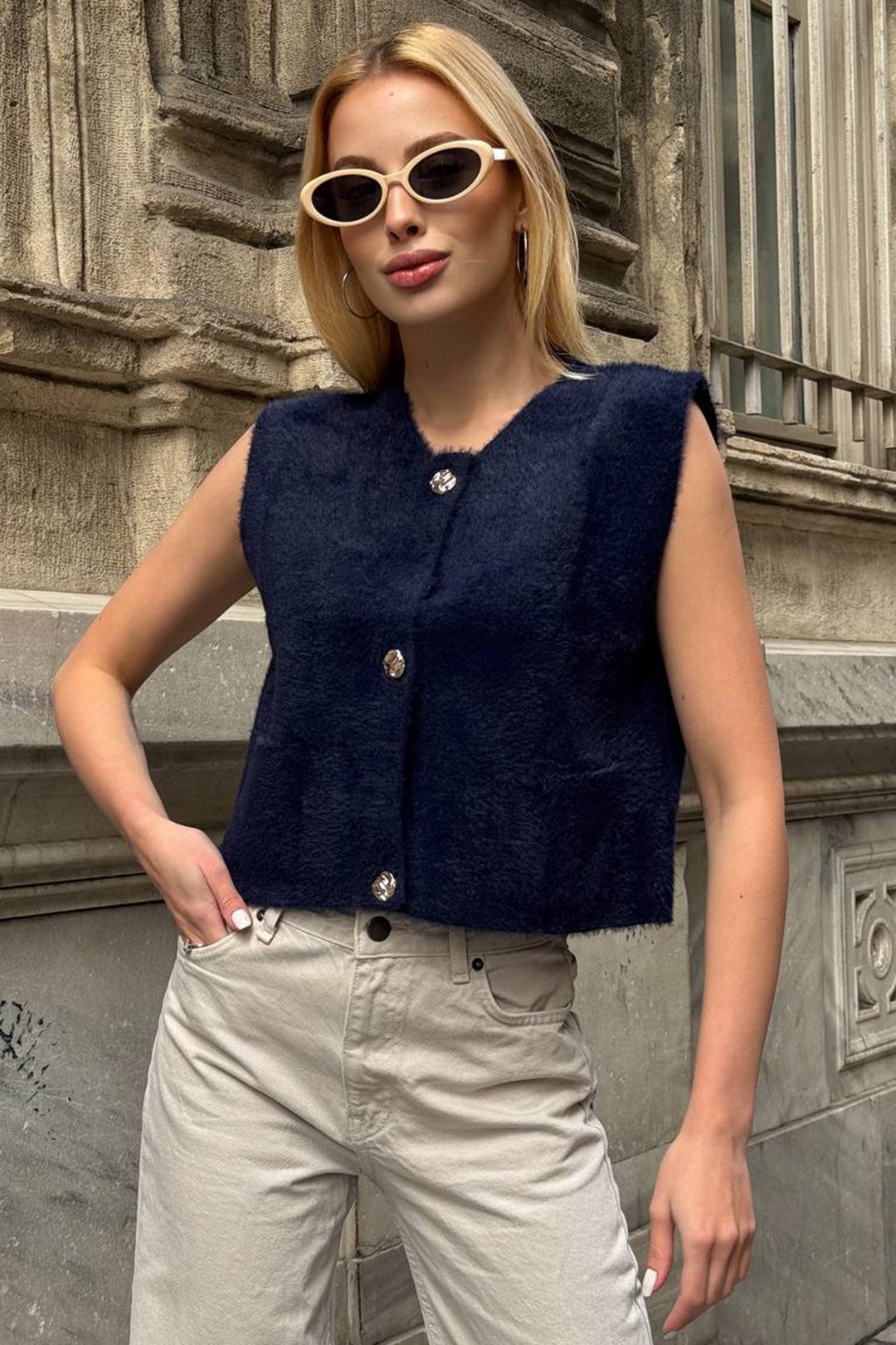 Navy Blue Double Pocket Gold Button Soft Vest Blouse BCHZCK-251262 - Manacor
