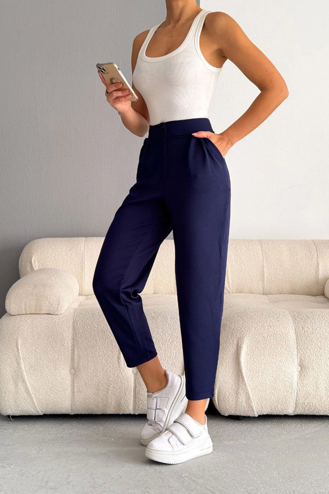Navy Blue Double Pocket Lycra Crepe Carrot Pants BC241069 - Sunrise Manor