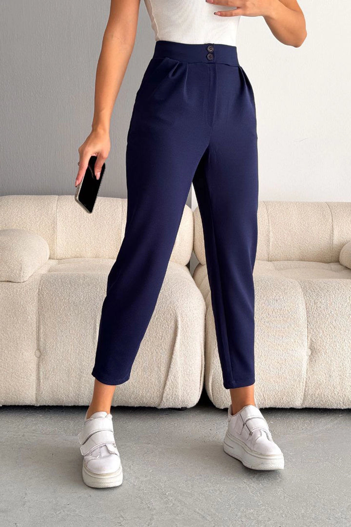 Navy Blue Double Pocket Lycra Crepe Carrot Pants BC241069 - Sunrise Manor