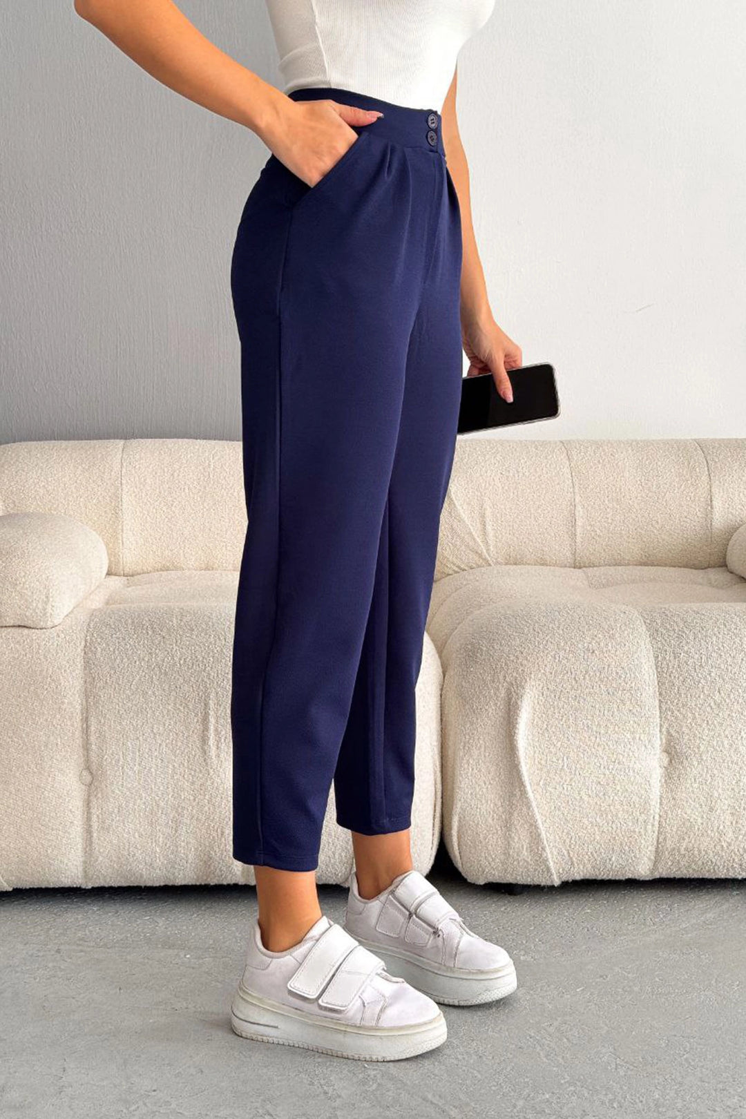 Navy Blue Double Pocket Lycra Crepe Carrot Pants BC241069 - Sunrise Manor