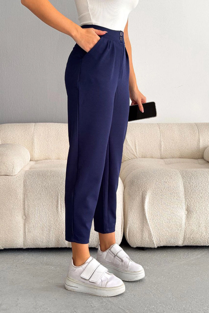 Navy Blue Double Pocket Lycra Crepe Carrot Pants BC241069 - Sunrise Manor