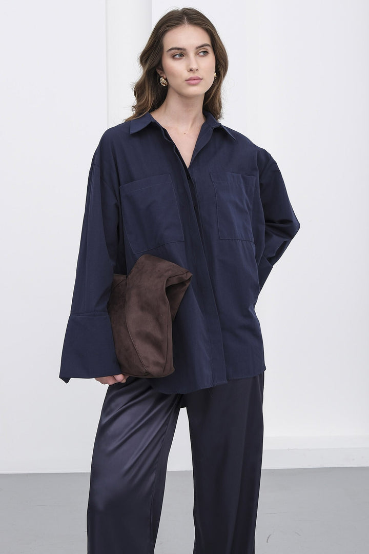 Lacivert Çift Cepli Oversize Basic Gömlek - Huizen