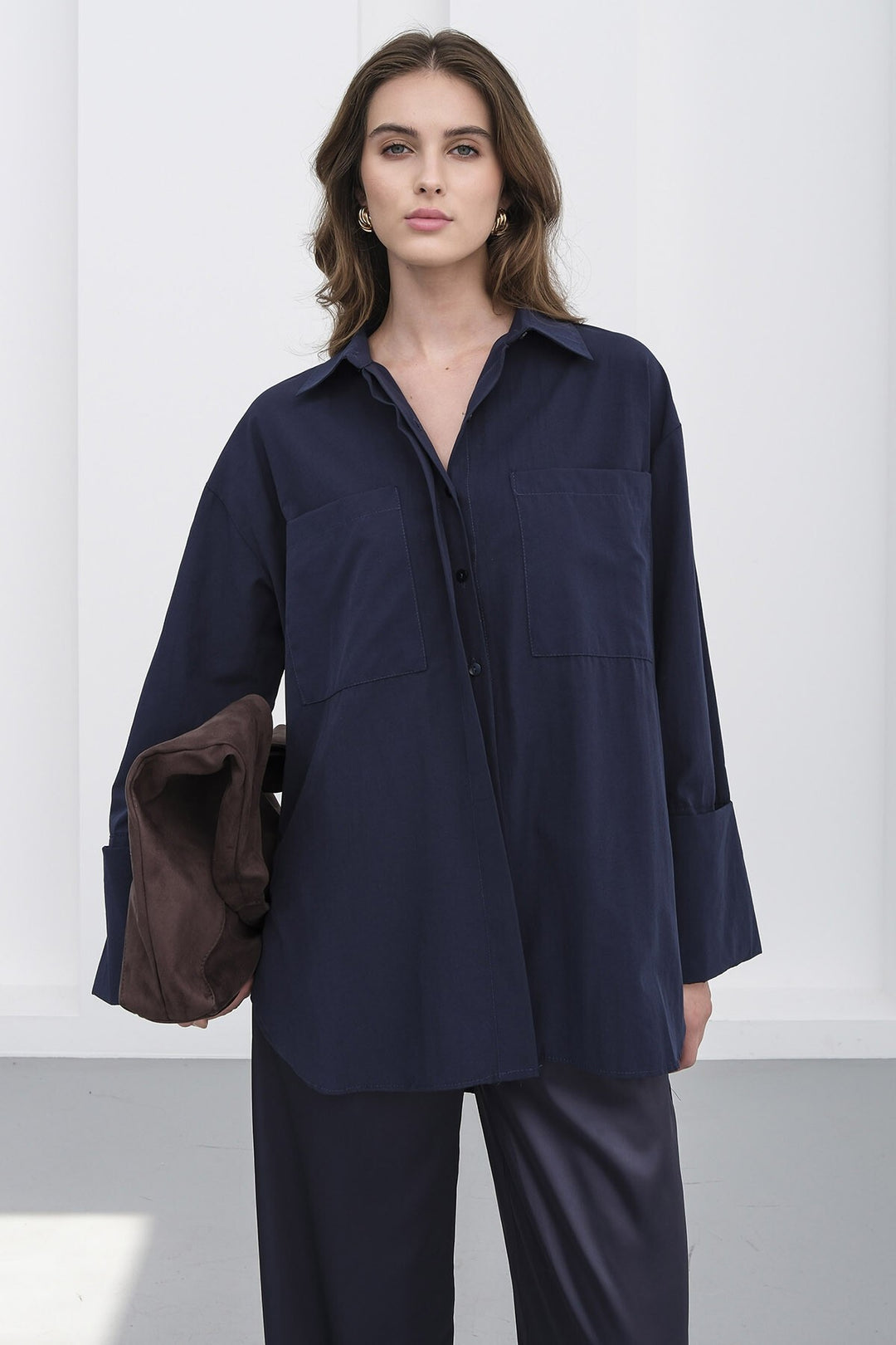 Lacivert Çift Cepli Oversize Basic Gömlek - Huizen