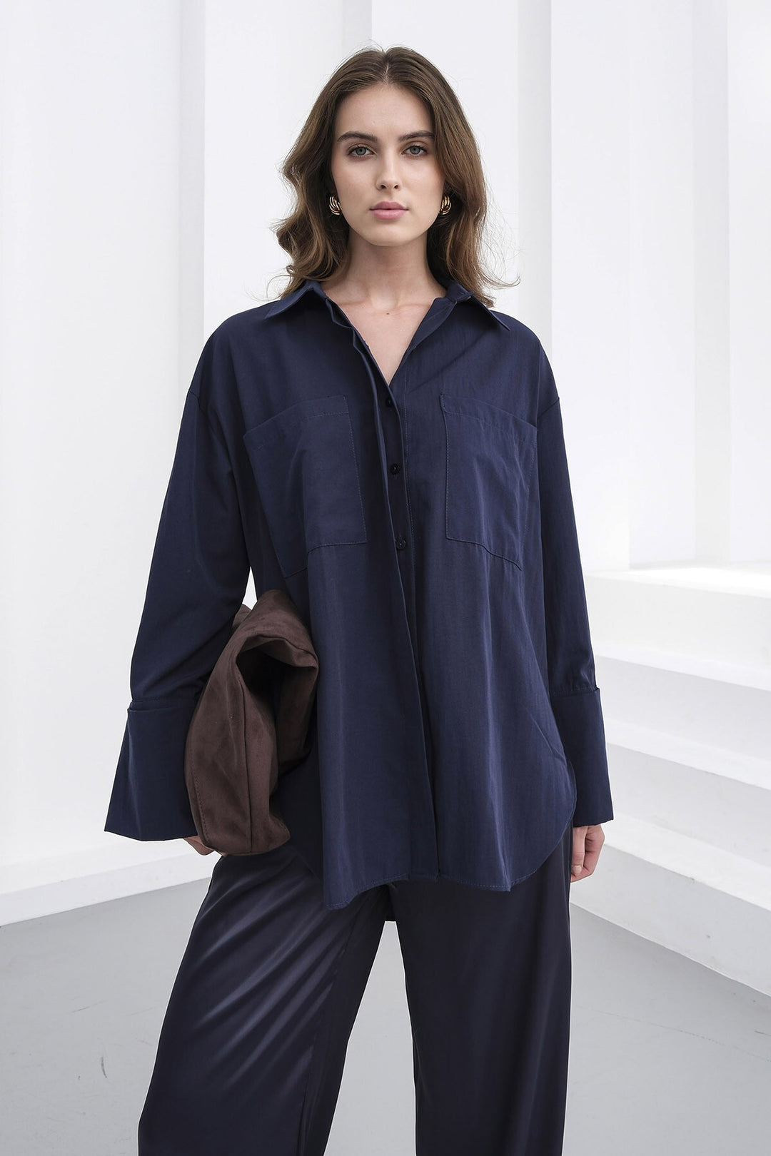 Lacivert Çift Cepli Oversize Basic Gömlek - Huizen
