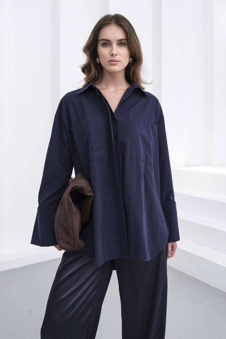 Lacivert Çift Cepli Oversize Basic Gömlek - Huizen